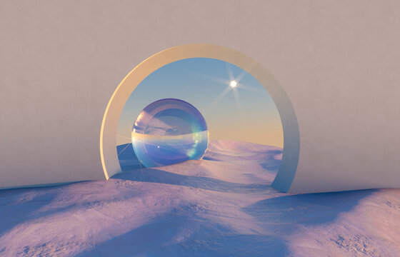 abstract winter scene with geometrical forms, arch with a podium in natural light. surreal backgroun
