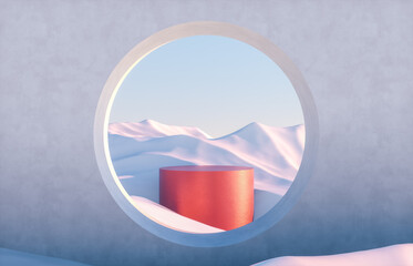 Poster - Abstract winter scene with geometrical forms, arch with a podium in natural light. surreal background. 3D render.
