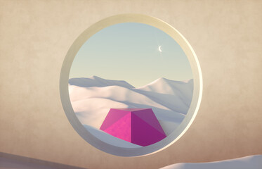Poster - Abstract winter scene with geometrical forms, arch with a podium in natural light. surreal background. 3D render.