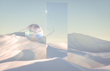 Aufkleber - Abstract winter scene with geometrical forms, arch with a podium in natural light. surreal background. 3D render.