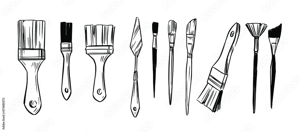 Set of paint brushes. Hannd drawn sketch. Vector illustration - obrazy, fototapety, plakaty 