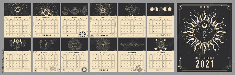Monthly and weekly planner. magical image of cosmic bodies, stars, constellations, the sun and the moon. Retro vintage vintage style engraving. astrology and horoscope. Vector graphics - obrazy, fototapety, plakaty 