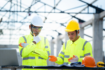 Aufkleber - Construction manager and architect working on building site.