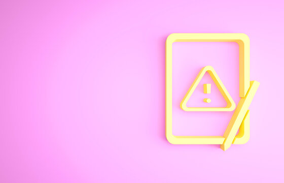 Yellow Graphic tablet with exclamation mark icon isolated on pink background. Alert message smartphone notification. Minimalism concept. 3d illustration 3D render.