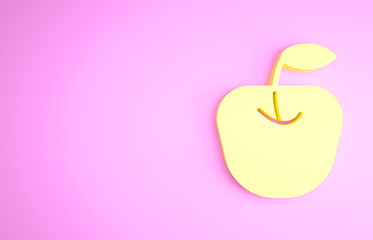 Poster - Yellow Apple icon isolated on pink background. Fruit with leaf symbol. Minimalism concept. 3d illustration 3D render.