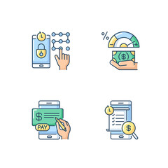 Poster - E banking service RGB color icons set. Request new PIN. Transaction history. Pay in cheques. Credit score changing. Isolated vector illustrations