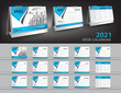 © ganpanjanee - Calendar 2021, 2022, 2023 year template vector and  3d mockup desk calendar, Set Desk Calendar 2021 vector creative design, Blue cover design, Set of 12 Months, Week starts Sunday, Stationery.