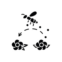 Poster - Pollination black glyph icon. Working bee collecting nectar, carrying wildflower pollen. Beekeeping, botany silhouette symbol on white space. Honeybee pollinating flowers vector isolated illustration