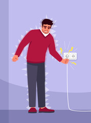 Wall Mural - Electric shock experience semi flat RGB color vector illustration. Household accident. Electrical injury. Young man suffered from electricity isolated cartoon character on purple background