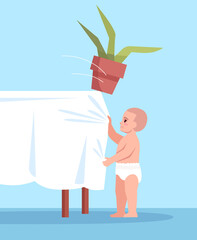 Wall Mural - Curious child pulls tablecloth with flower semi flat RGB color vector illustration. Unsafe environment. Accidental childhood injuries at home isolated cartoon character on blue background