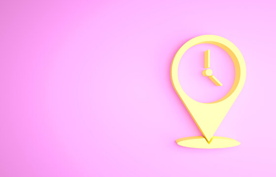 Yellow Location with clock icon isolated on pink background. Minimalism concept. 3d illustration 3D render.