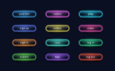 Poster - Light buttons. Glowing neon UI elements for online casino and dark web application. Vector image bright banner signs play, read and buy interaction design symbol