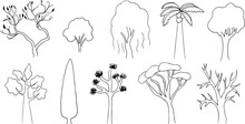 Tree Doodle Outline Vector Icons Set. Different Type Of Trees Hand Drawn Symbols. Nature Art Line Contour Decoration. Forest Sketch Isolated Vector Outline Illustrations
