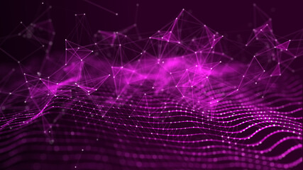 Poster - Digital dynamic wave. Abstract futuristic background. Network connection structure with dots and lines. 3D rendering.