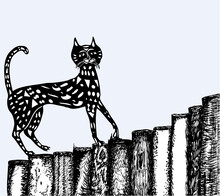 Vector Iillustration Of Cartoon Domestic Cat Walking On Wooden Fence