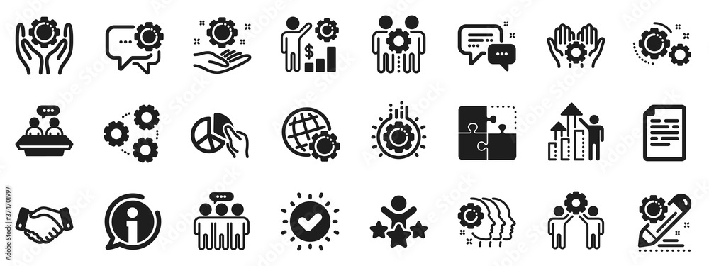 Business strategy, handshake and people collaboration. Employees benefits icons. Teamwork, social responsibility, people relationship icons. Growth chart, employees benefits. Vector - obrazy, fototapety, plakaty 