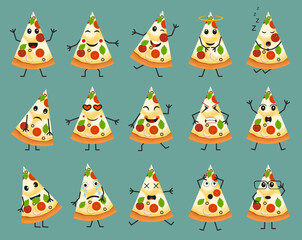 Poster - Cartoon Color Pizza Slices Icon Set. Vector