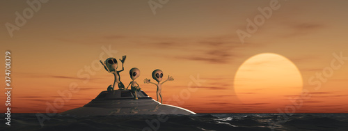 Fotomural Banner con ilustración 3d de un trío de alienígenas a la deriva sobre un ovni en