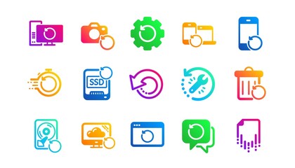 Aufkleber - Backup, Restore data and recover file. Recovery icons. Laptop renew, drive repair and phone recovery icons. Classic set. Gradient patterns. Quality signs set. Vector