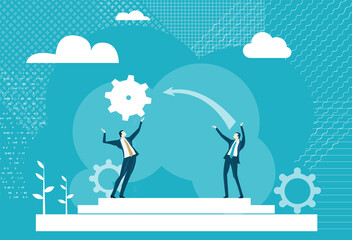 Wall Mural - Two business people passing gear to each other as symbol of making a progress, good business together, support and control Business concept illustration.