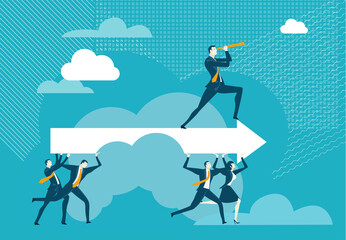 Wall Mural - Business people running with arrow and caring businessman with telescope. Business support, advisory, solving the problems and project control concept illustration.