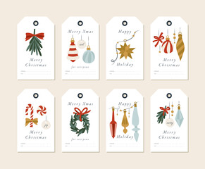 Vector linear design Christmas greetings elements on white background. Christmas tags set with typography and colorful icon