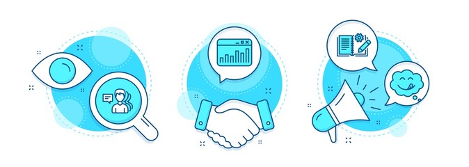 Poster - People, Yummy smile and Marketing statistics line icons set. Handshake deal, research and promotion complex icons. Engineering documentation sign. Support job, Comic chat, Web analytics. Vector