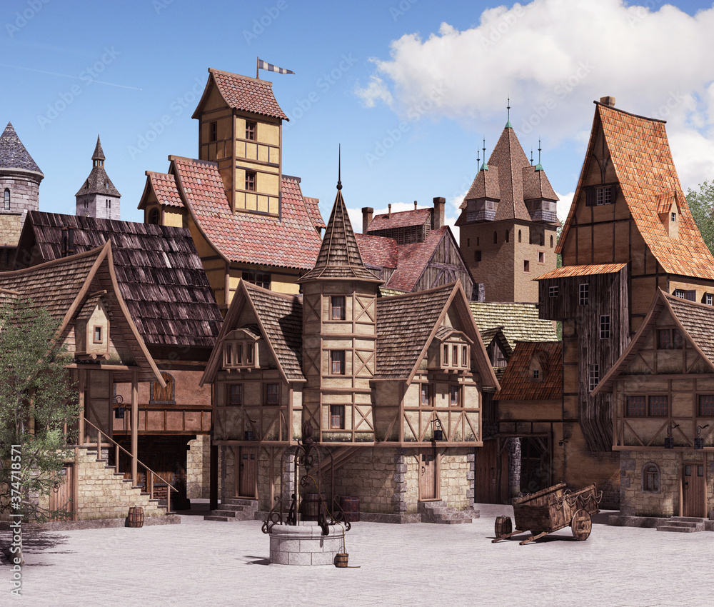 European medieval or fantasy town square on a sunny day - obrazy, fototapety, plakaty 