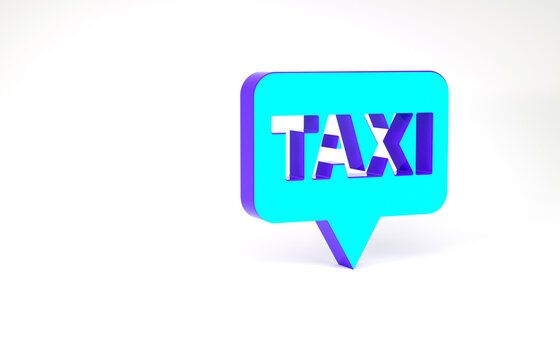 Turquoise Map pointer with taxi icon isolated on white background. Location symbol. Minimalism concept. 3d illustration 3D render.