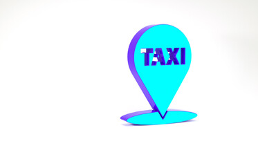 Turquoise Map pointer with taxi icon isolated on white background. Location symbol. Minimalism concept. 3d illustration 3D render.