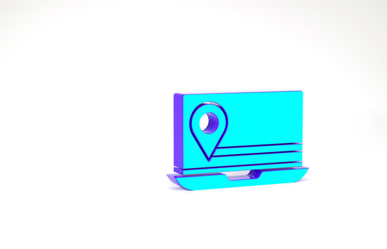 Turquoise Laptop with location marker icon isolated on white background. Minimalism concept. 3d illustration 3D render.