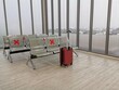 © ake - safe travel in virus pandemic time.  passenger waiting area in transportation terminal keeping seat apart with the red luggage.  social distancing new normal concept.