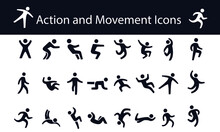  Action And Movement Icons Vector Design,,People Figures In Motion, Running, Walking, Jumping Vector Black Icons