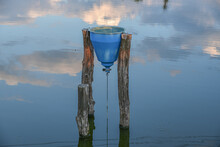 Stand Alone Holder With  Food For Fish In Bucket In The Pond
