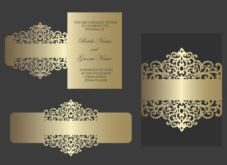 Wall Mural - Ornate laser cut wedding invitation bellyband. lace border, card wrap. slide inn envelope design for cutting plotter.