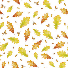 Wall Mural - Vector watercolor seamless pattern with autumn oak leaves.