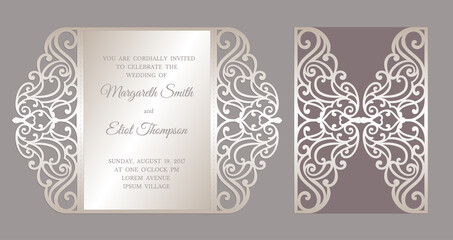 Wall Mural - Gate fold laser cut wedding invitation. Vector template for laser cutting.