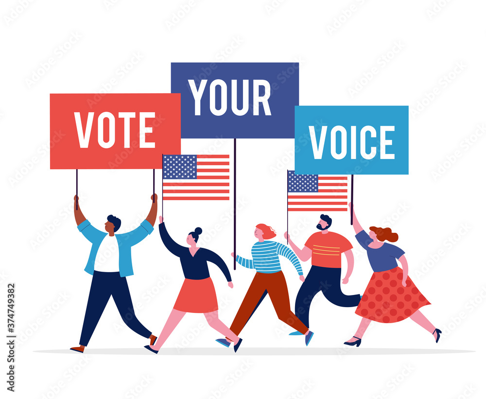 Group of people, walking with flags to elections. Crowd of women and men at a demonstration. Concept for election campaign, voting theme vector background.  - obrazy, fototapety, plakaty 