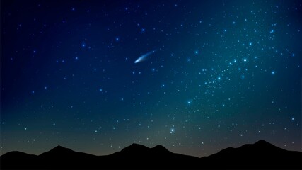 Wall Mural - night starry sky with silhouette of mountains and falling comet and asteroid