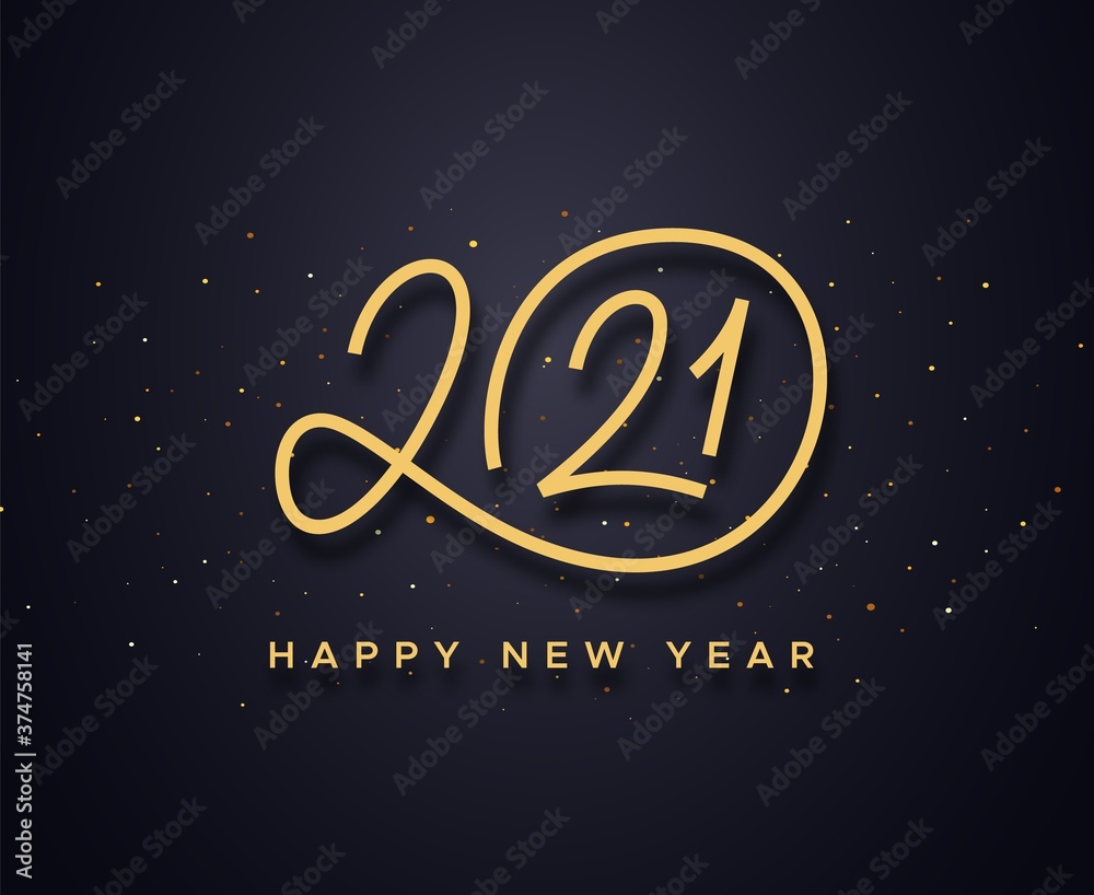 Happy New Year 2021 wishes typography text and gold confetti on luxury black background. Premium vector illustration with lettering for winter holidays - obrazy, fototapety, plakaty 