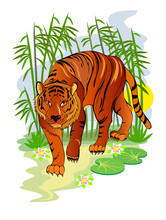 Fantasy Illustration Of Cute Tiger In Fairyland Jungle. Cover For Children Fairy Tale Book. Modern Print For Kids. Printable Flat Cartoon Vector. Wildlife Animals.