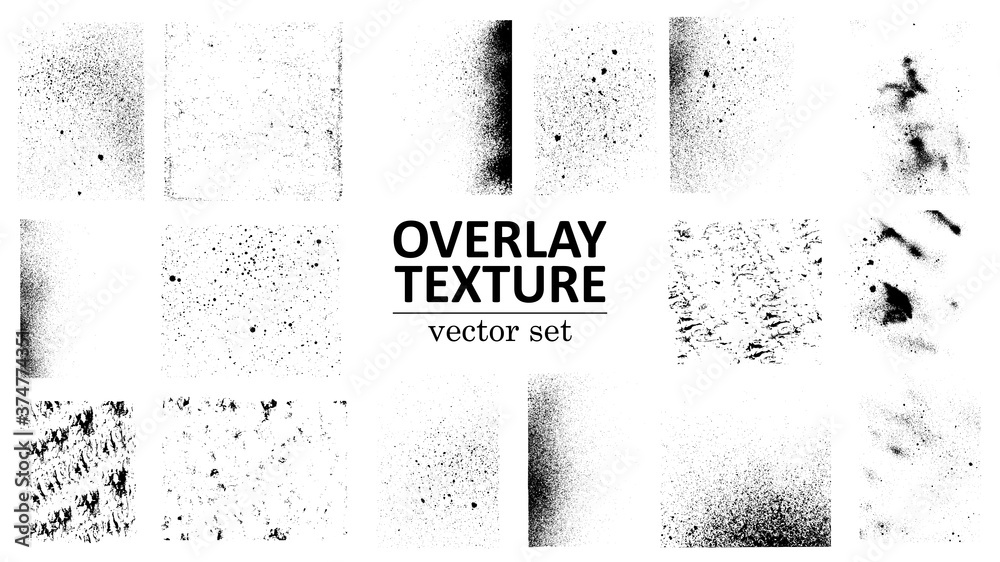 Overlay texture set. Different types of texture stamps (damaged, paint, old, concrete and other). Vector collection urban grunge overlay. Paint texture with spray effect and drop ink splashes. Vector - obrazy, fototapety, plakaty 