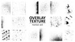 Overlay texture set. Different types of texture stamps (damaged, paint, old, concrete and other). Vector collection urban grunge overlay. Paint texture with spray effect and drop ink splashes. Vector