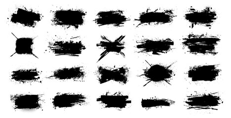 Poster - Creative ink splashes stencil with splashes, blots, ink strokes and street dirt. Spots of black ink with splashes and dabs of paint. Isolated Silhouettes dirty ink splashes stencil. Vector paint