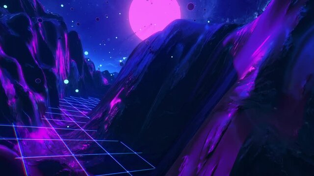 Wall Mural - Futuristic flight through trippy landscape seamless loop. High quality 3D animation with mountains, grid, balls for EDM music video, live show, VJ background. 60 fps psychedelic flythrough in 4k