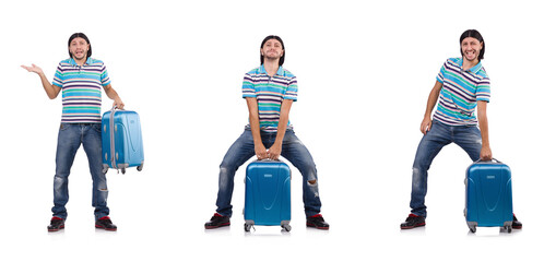 Wall Mural - Young man with suitcase isolated on white