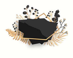 Poster - Abstract gold floral frame with exotic tropical leaves, branches, berries. Luxury decorative template for text. Empty modern polygonal geometric black banner. Polyhedron closeup. Vector illustration