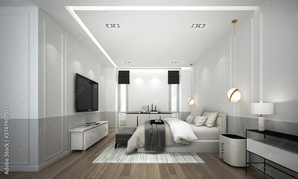 Modern luxury bedroom interior design and white and grey pattern wall ...