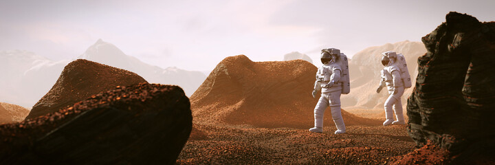 Wall Mural - astronauts on mars, travelers exploring the landscape on the red planet
