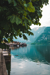 Wall Mural - hallstatt city quay with beautiful view of lake and alpine range